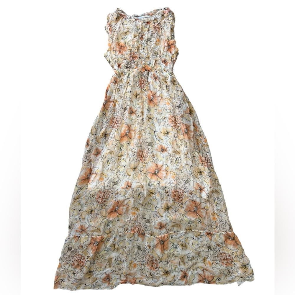La Ragazze Floral Sleeveless Silk Blend Midi Dress Elastic Waist 🤍